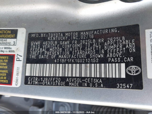 Toyota CAMRY SE 2016 4T1BF1FK1GU212152 Image 9