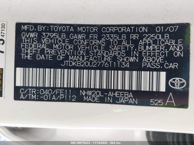2007 TOYOTA PRIUS VIN: JTDKB20U277611134