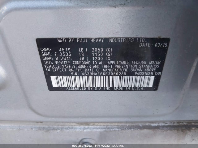 2015 SUBARU LEGACY 2.5I PREMIUM VIN: 4S3BNAE66F3056285