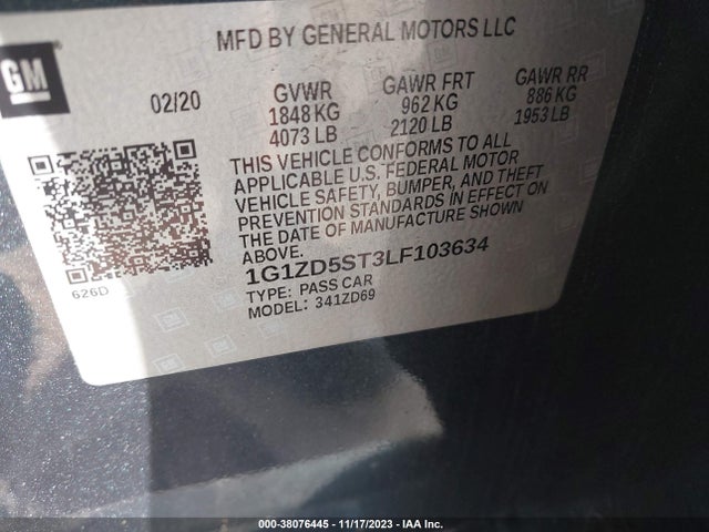 Продажа на аукционе авто 2020 Chevrolet Malibu Fwd Lt, vin: 1G1ZD5ST3LF103634, номер лота: 38076445