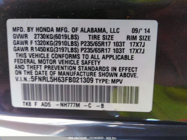 5FNRL5H63FB021309 Honda Odyssey Ex-l