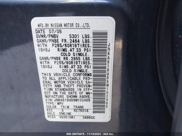 2009 INFINITI FX35 VIN: JNRAS18U89M102485