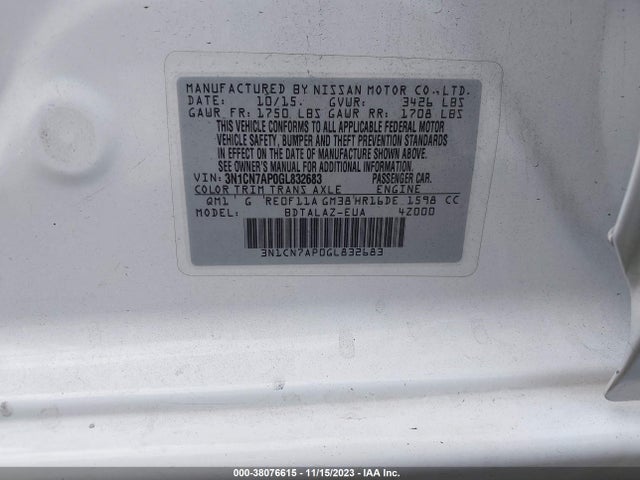 2016 NISSAN VERSA 1.6 S+ VIN: 3N1CN7AP0GL832683