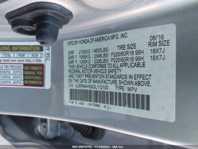 5J6RM4H92GL112100 Honda Cr-v Touring