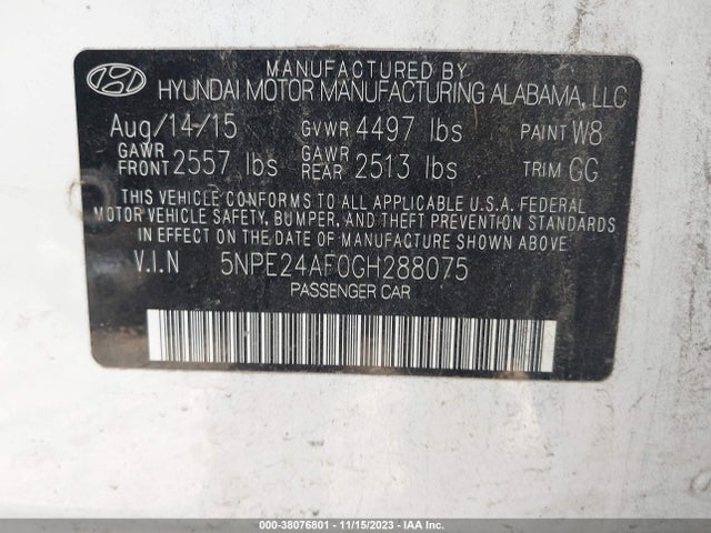 2016 HYUNDAI SONATA SE VIN: 5NPE24AF0GH288075