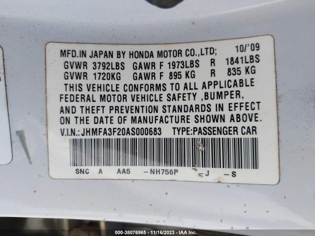 2010 HONDA CIVIC HYBRID VIN: JHMFA3F20AS000683