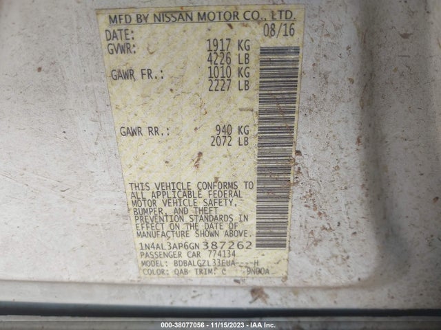2016 NISSAN ALTIMA 2.5 S VIN: 1N4AL3AP6GN387262