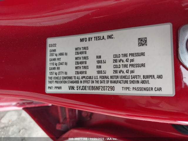 2022 TESLA MODEL 3 LONG RANGE DUAL MOTOR ALL-WHEEL DRIVE VIN: 5YJ3E1EB6NF207290