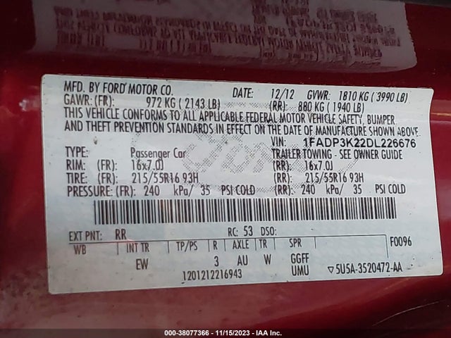 2013 FORD FOCUS SE VIN: 1FADP3K22DL226676