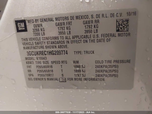 2017 CHEVROLET SILVERADO 1500 2LT VIN: 3GCUKREC1HG209774