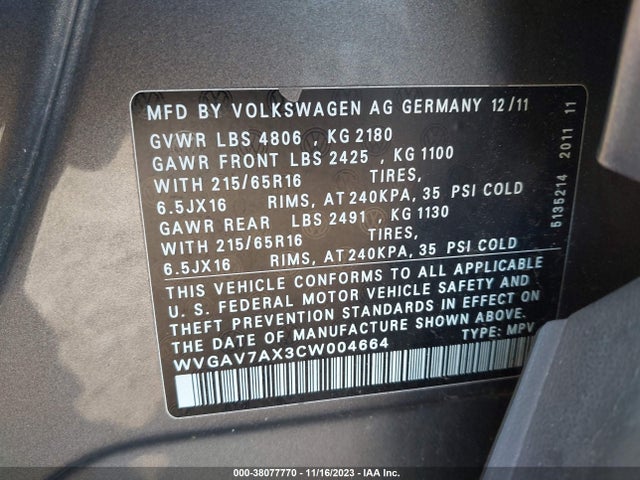 2012 VOLKSWAGEN TIGUAN S VIN: WVGAV7AX3CW004664