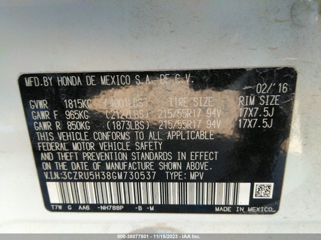 Honda HR-V LX 2016 3CZRU5H38GM730537 Image 9