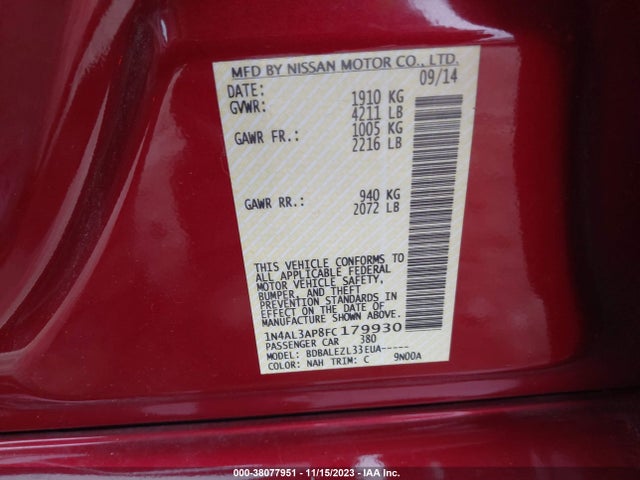 Nissan Altima 2.5 S 2015 1N4AL3AP8FC179930 Image 9