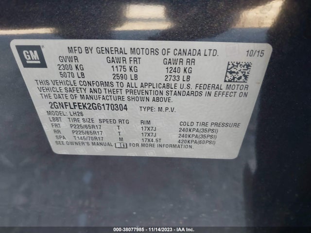 2GNFLFEK2G6170304 Chevrolet EQUINOX LT