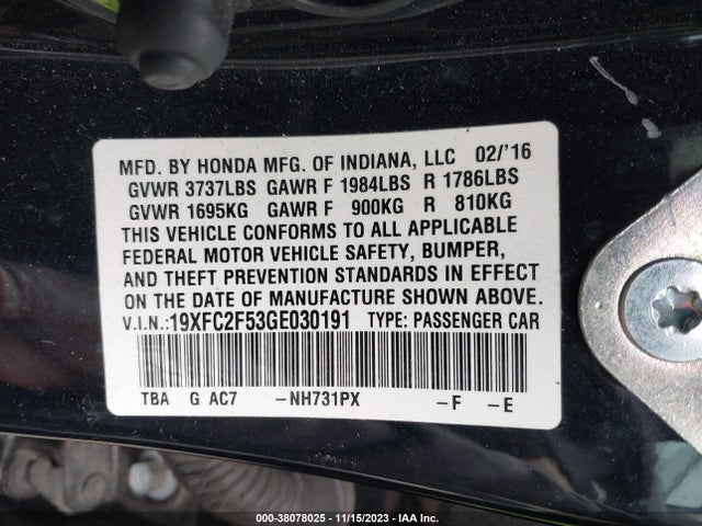 Honda Civic Lx 2016 19XFC2F53GE030191 Image 9