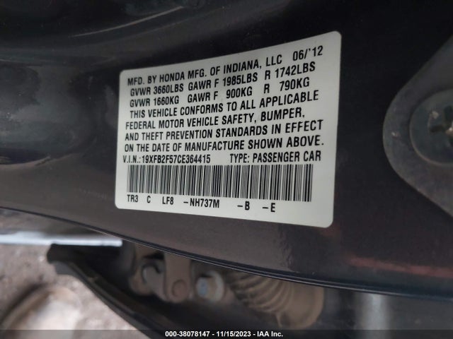 2012 HONDA CIVIC LX VIN: 19XFB2F57CE364415