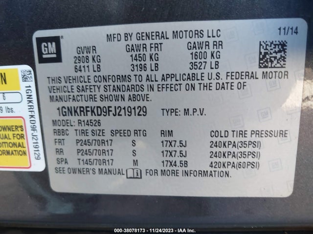 Chevrolet Traverse Ls 2015 1GNKRFKD9FJ219129 Image 9