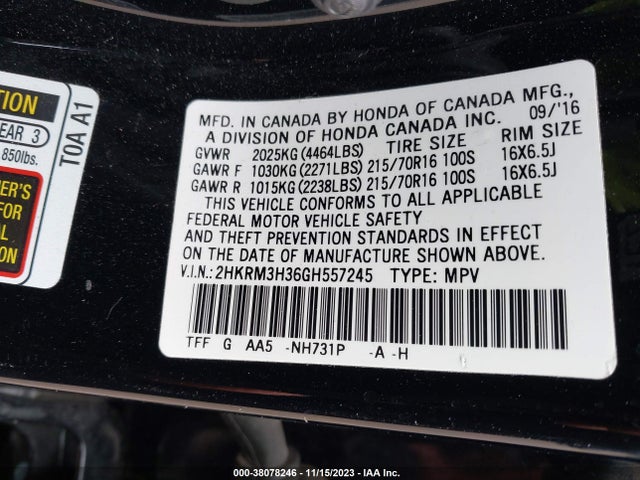 2016 HONDA CR-V LX VIN: 2HKRM3H36GH557245