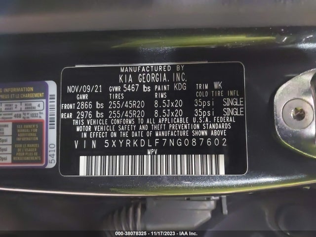 2022 KIA SORENTO SX VIN: 5XYRKDLF7NG087602