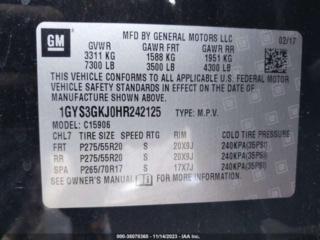 1GYS3GKJ0HR242125 Cadillac Escalade Esv Standard
