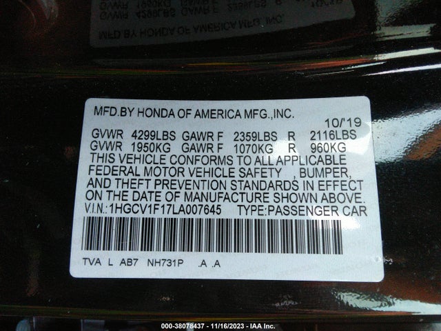 2020 HONDA ACCORD LX VIN: 1HGCV1F17LA007645