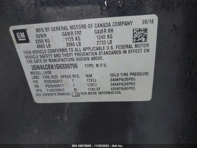 2016 CHEVROLET EQUINOX LT VIN: 2GNALCEK1G6339799