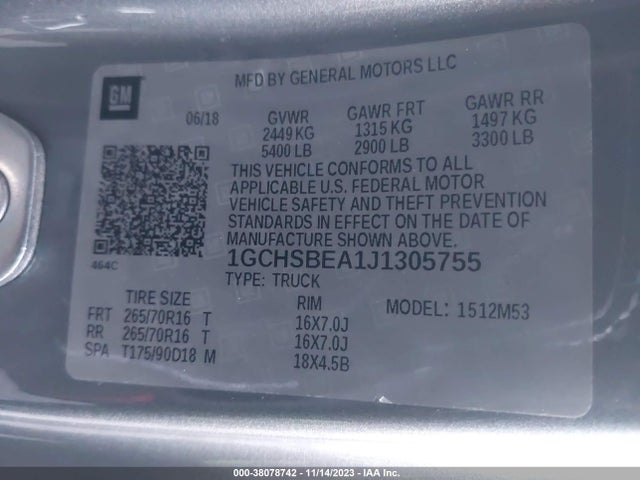Chevrolet Colorado Wt 2018 1GCHSBEA1J1305755 Image 9