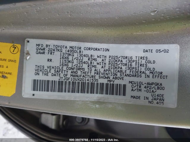 2002 LEXUS RX 300 BASE (A4) VIN: JTJGF10UX20141535