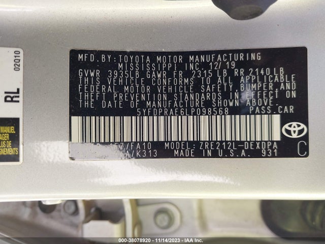 Toyota COROLLA L 2020 5YFDPRAE6LP098568 Image 9