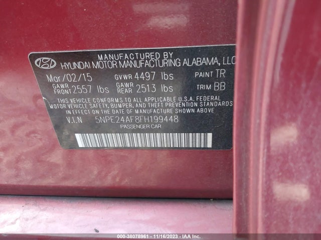 2015 HYUNDAI SONATA SE VIN: 5NPE24AF8FH199448