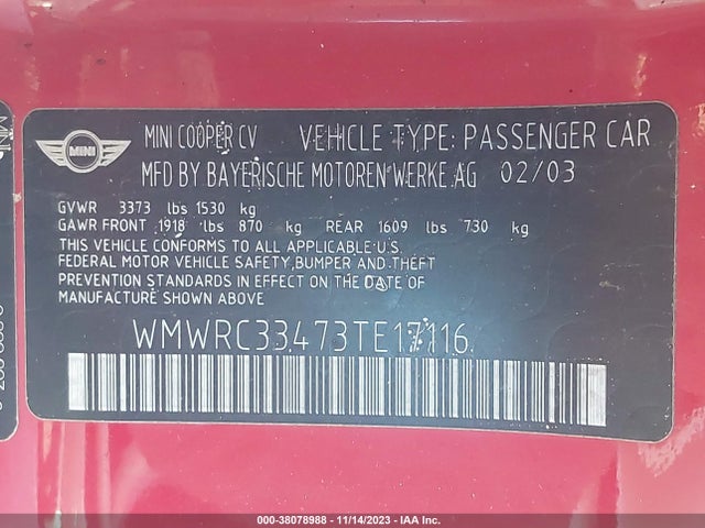 2003 MINI COOPER HARDTOP WMWRC33473TE17116 Photo 8