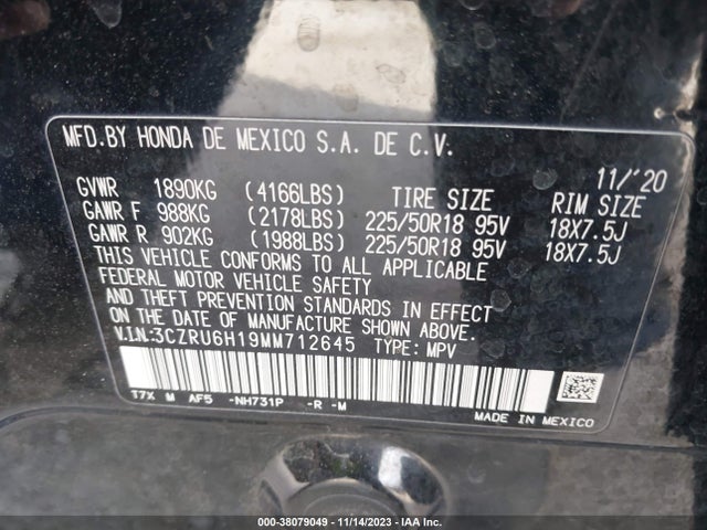 2021 HONDA HR-V AWD SPORT VIN: 3CZRU6H19MM712645