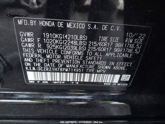 2023 HONDA HR-V 2WD EX-L VIN: 3CZRZ1H78PM714951
