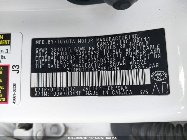 2011 TOYOTA COROLLA S VIN: 2T1BU4EE9BC691594