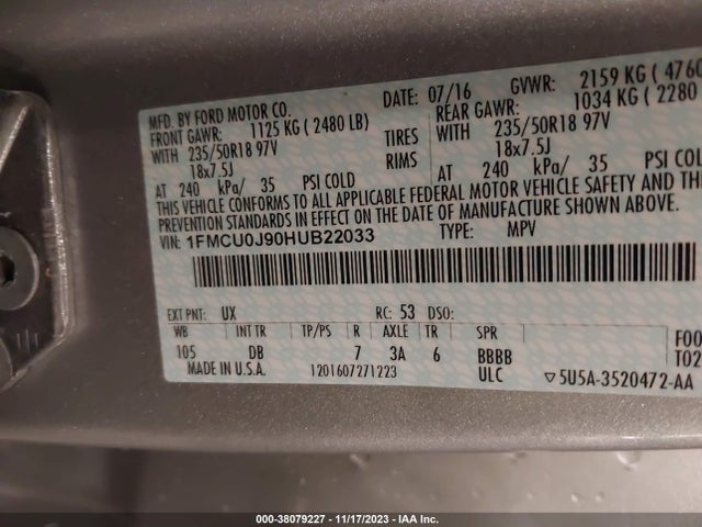 2017 FORD ESCAPE TITANIUM VIN: 1FMCU0J90HUB22033