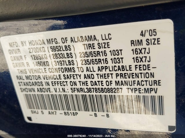 2005 HONDA ODYSSEY EX-L VIN: 5FNRL38785B088287