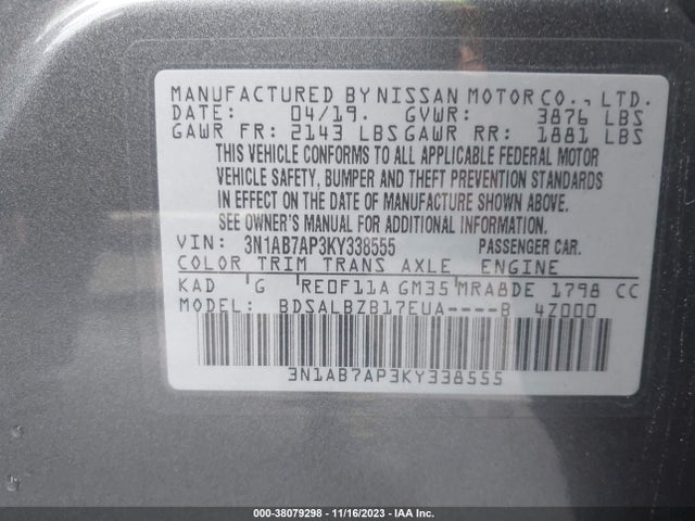 2019 NISSAN SENTRA S VIN: 3N1AB7AP3KY338555