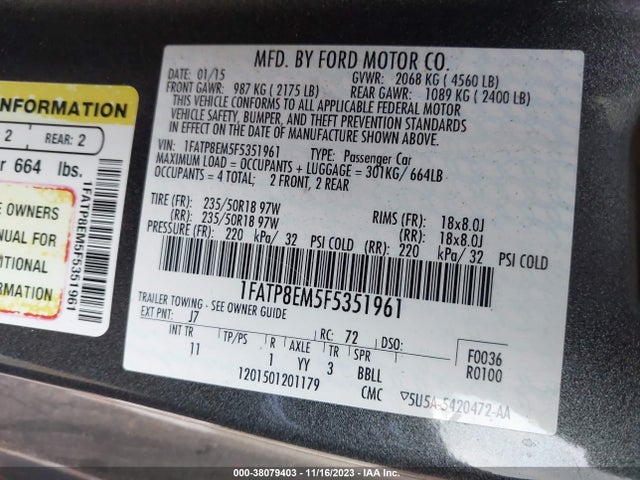 2015 FORD MUSTANG V6 VIN: 1FATP8EM5F5351961