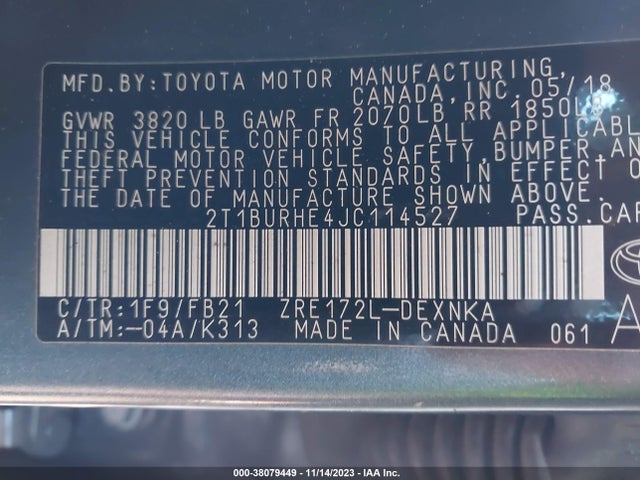 2018 TOYOTA COROLLA LE VIN: 2T1BURHE4JC114527
