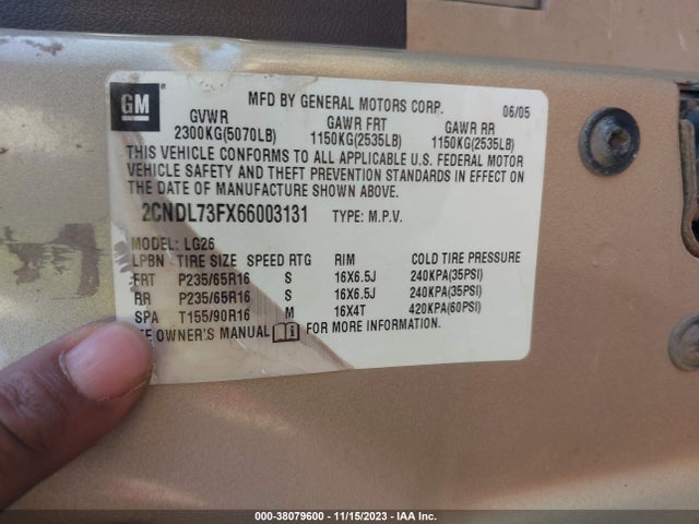 2006 CHEVROLET EQUINOX LT VIN: 2CNDL73FX66003131