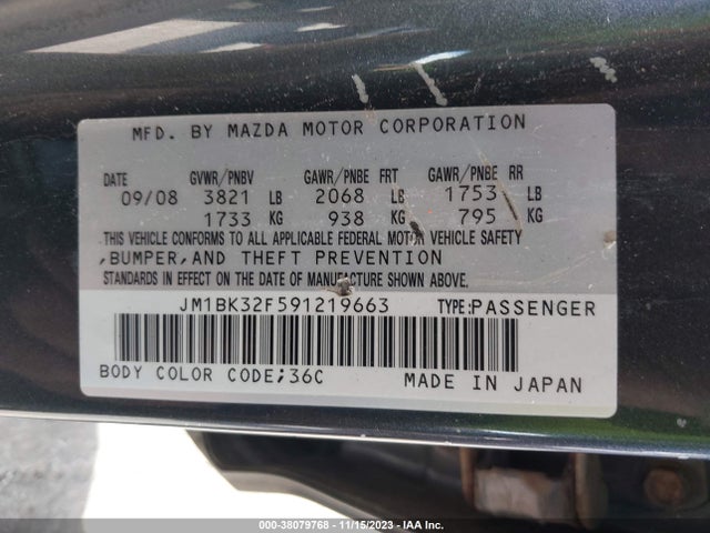 2009 MAZDA MAZDA3 I VIN: JM1BK32F591219663