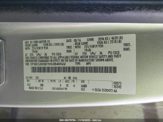 2017 FORD ESCAPE SE VIN: 1FMCU0GD1HUB40522