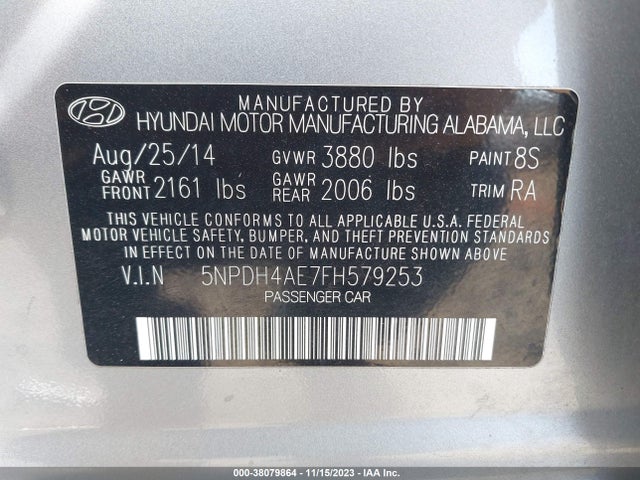 2015 HYUNDAI ELANTRA SE VIN: 5NPDH4AE7FH579253