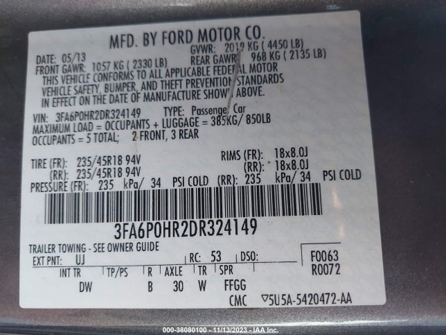 2013 FORD FUSION SE VIN: 3FA6P0HR2DR324149