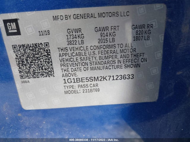 Chevrolet CRUZE LT 2019 1G1BE5SM2K7123633 Image 9