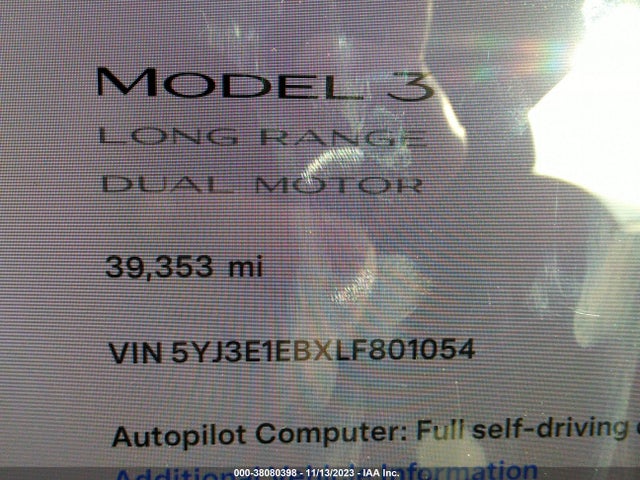 5YJ3E1EBXLF801054 Tesla Model 3 Long Range