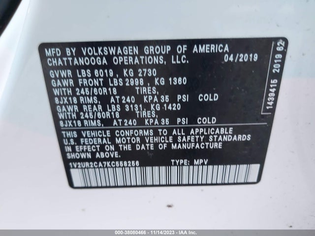 1V2UR2CA7KC558256 Volkswagen Atlas 3.6l V6 Se W/technology