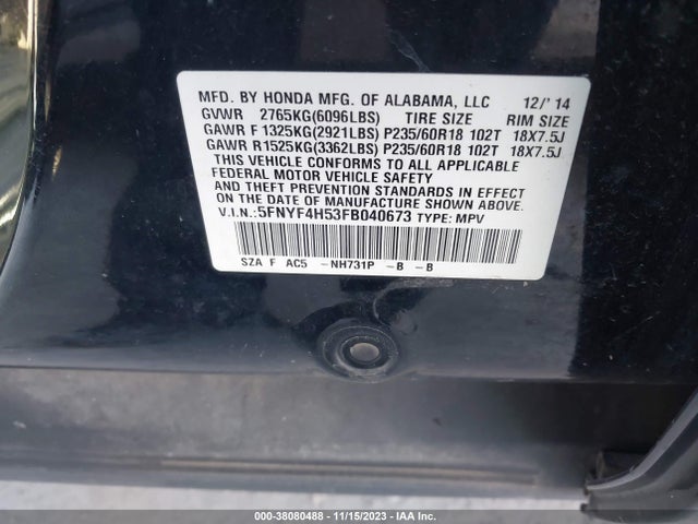 Honda Pilot Ex-l 2015 5FNYF4H53FB040673 Image 9