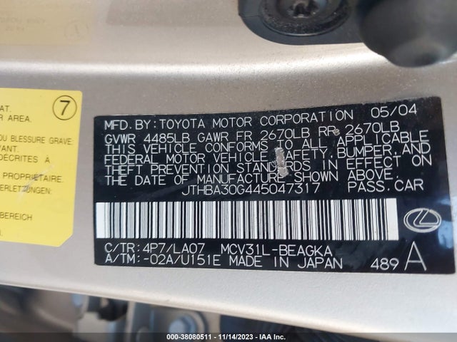 2004 LEXUS ES 330 VIN: JTHBA30G445047317