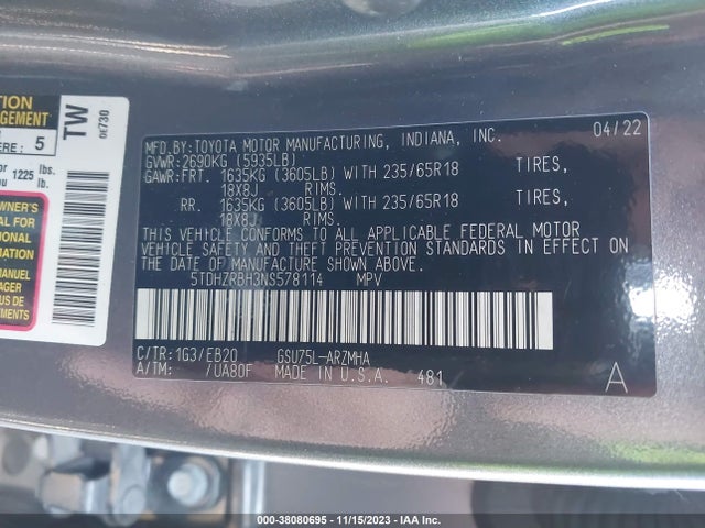 Toyota Highlander Xle 2022 5TDHZRBH3NS578114 Image 9